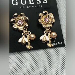 Guess gold tone flower bud pink tourmaline gemstone look dangle charm earrings